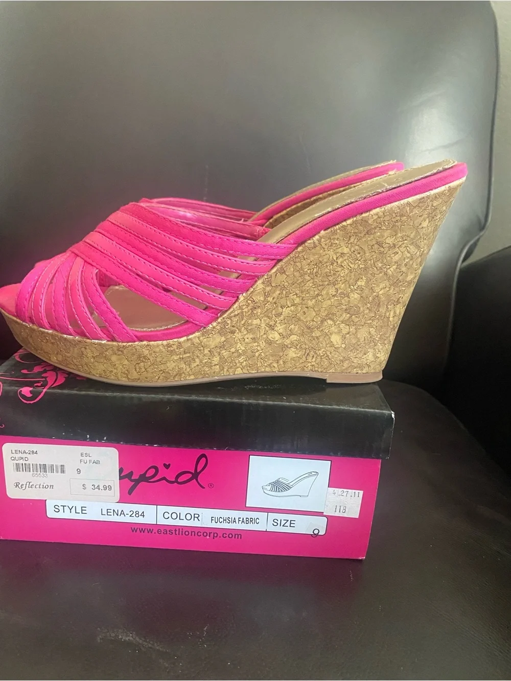 Qupid Fuchsia Strappy Cork Wedge Slide Sandals